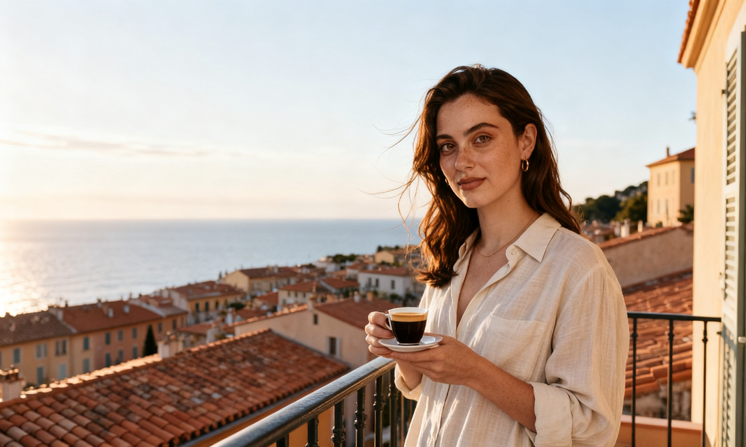Sofia Laurent on a Menton terrace overlooking the Mediterranean at golden hour